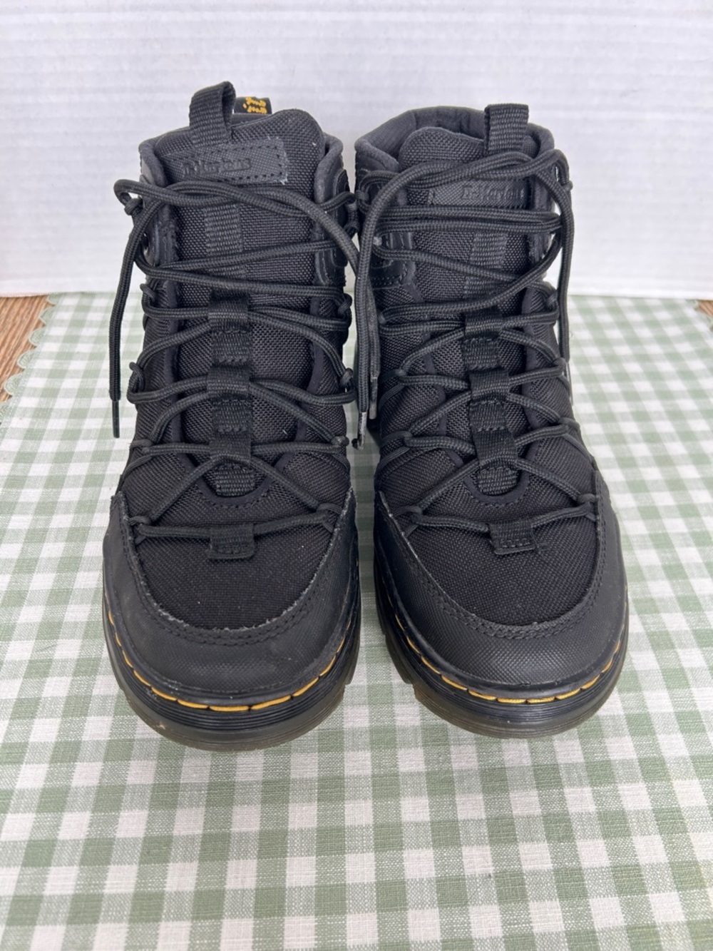 Dr. Martens Black Nylon and Leather Lace-Up Boots with Yellow Stitching Sz 7